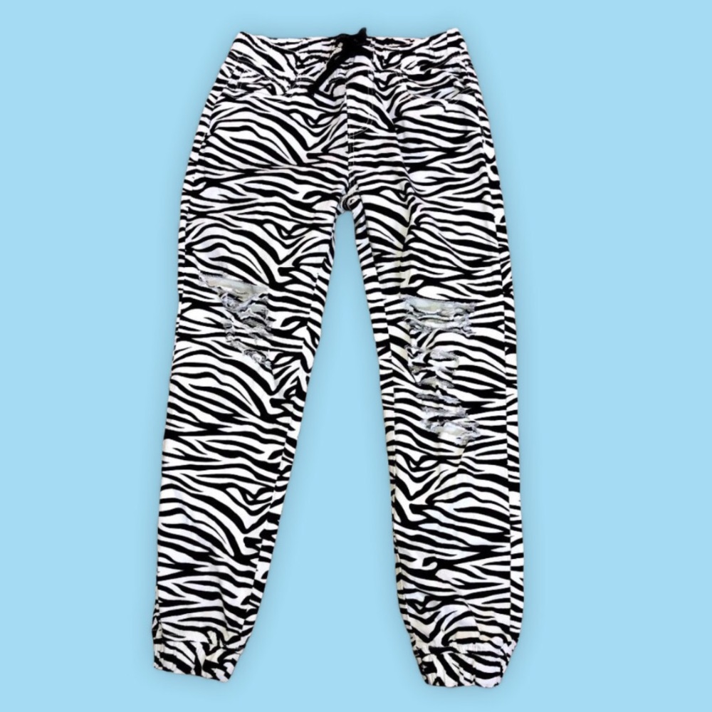 Zebra Print Ripped Knee Jogger Jeans-Sz S